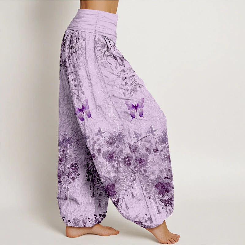 Buddha Stones Cotton Butterfly Floral Pattern Women's Elastic Waist Harem Pants
