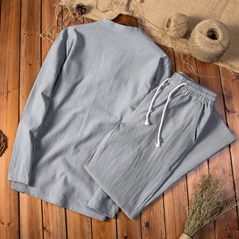 Buddha Stones Pure Color Long Sleeve Top Pants Clothing Men's Set