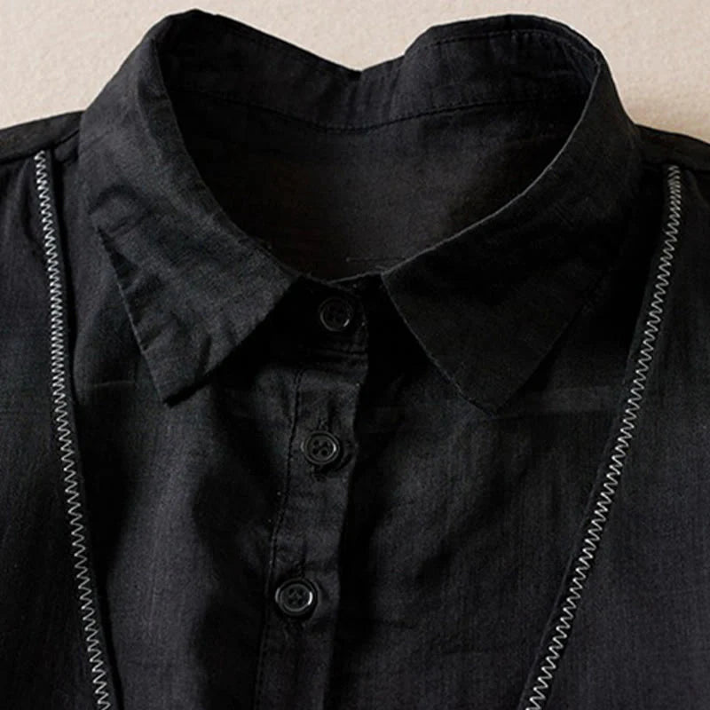 Buddha Stones Retro Plain Fake Two Pieces Button Half Sleeve Design Women's Cotton Linen Shirt