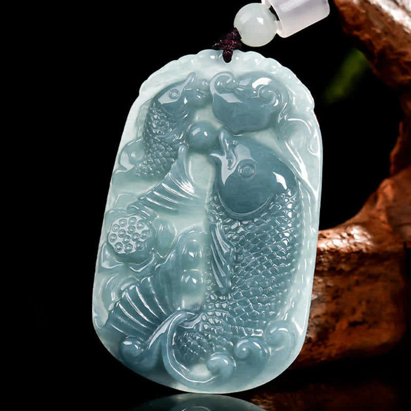 Buddha Stones Natural Jade Carving Double Koi Fish Rope Prosperity Necklace Pendant