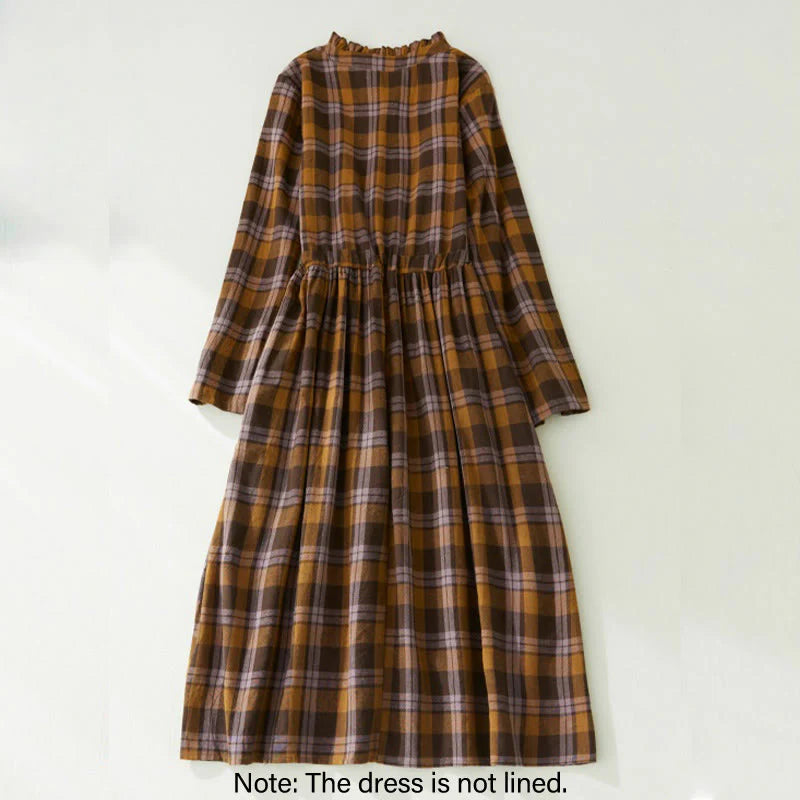 Buddha Stones Plaid Ruffled V-Neck Long Sleeve Drawstring Cotton Linen Midi Dress With Pockets