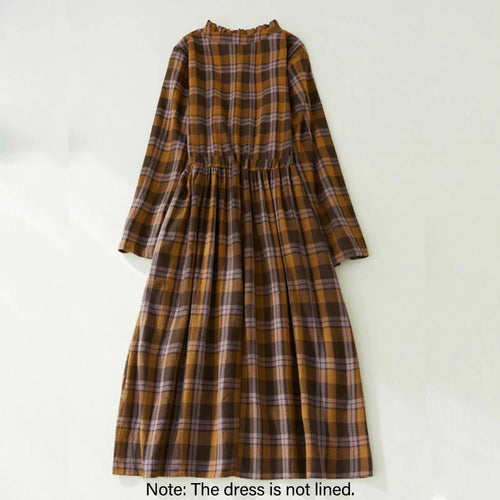 Buddha Stones Plaid Ruffled V-Neck Long Sleeve Drawstring Cotton Linen Midi Dress With Pockets