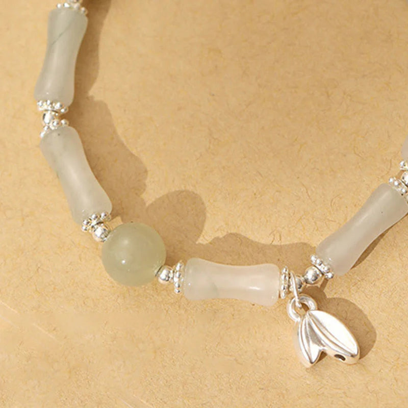 Buddha Stones 925 Sterling Silver Natural Tianshan Jade Bamboo Charm Luck Bracelet