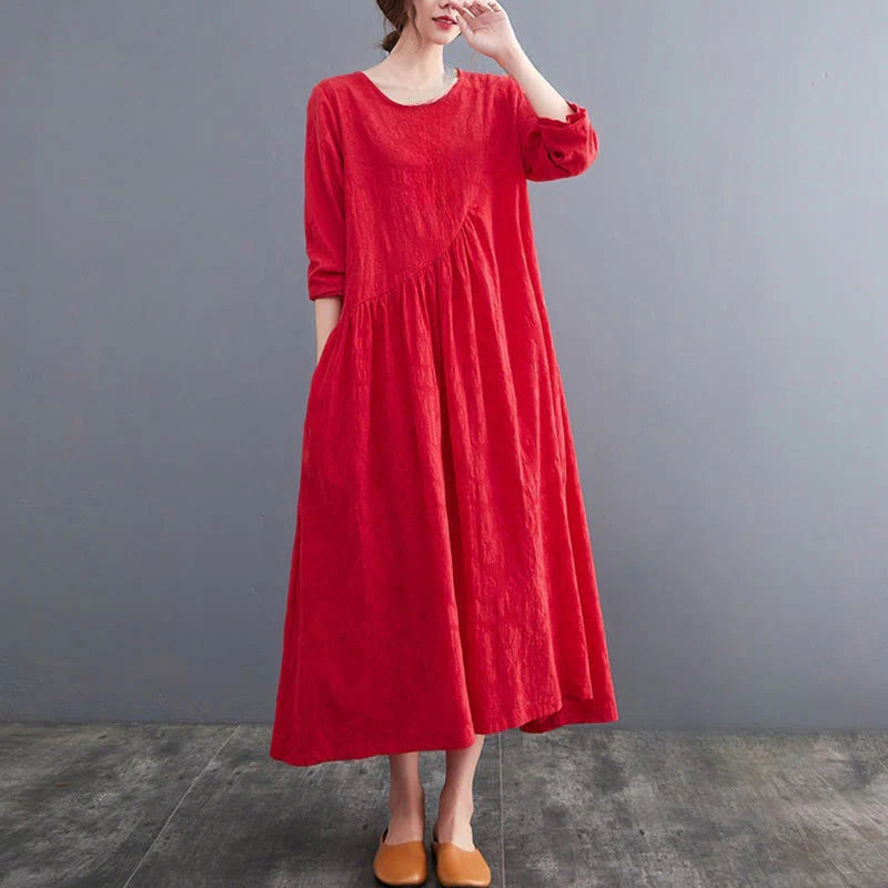 Buddha Stones Smiple Jacquard Pattern Long Sleeve Cotton Linen Women's Midi Dress With Pockets
