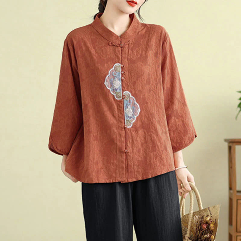 Buddha Stones Flower Embroidery Jacquard Three Quarter Sleeve Frog-Button Cotton Women's Shirt