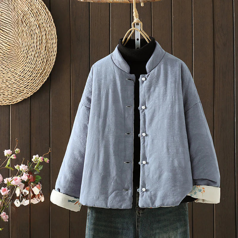 Buddha Stones Frog-button Solid Color Pattern Women's Long Sleeve Cotton Thick Jacket With Floral Cuffs