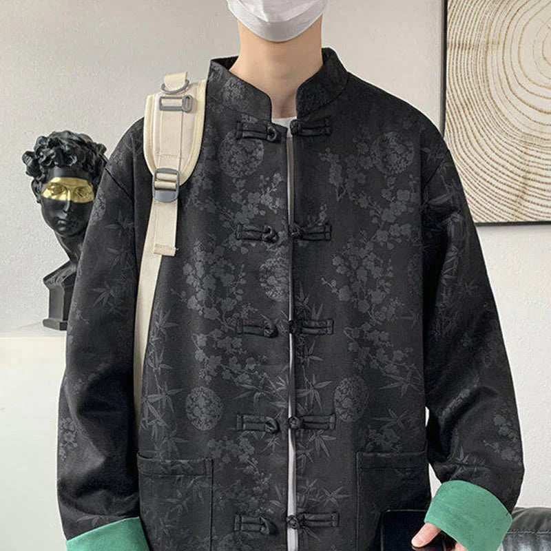 Buddha Stones Fall Jacquard Bamboo Frog-button Long Sleeve Men's Cotton Jacket With Pockets