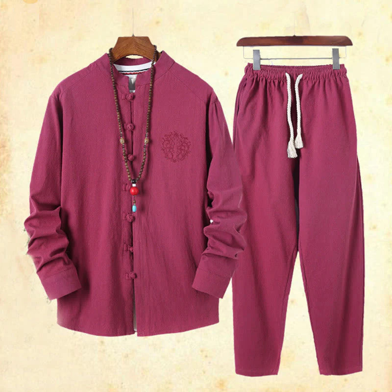 Buddha Stones 2Pcs Solid Color Men's Frog-Button Long Sleeve Cotton Shirt Pants Set With Pockets