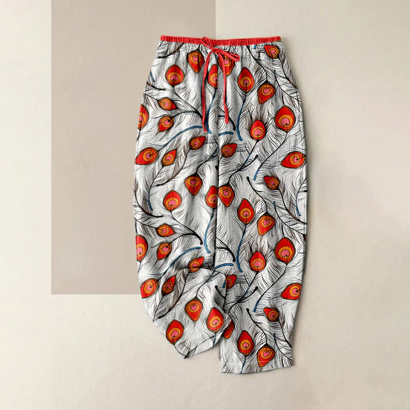 Buddha Stones Pure Cotton Peacock Heart Pattern Women's Elastic Waist Pants With Pockets