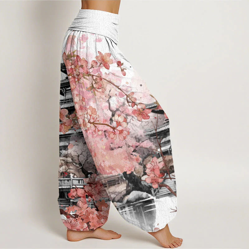 Buddha Stones Cotton Pavilion Cherry Blossom Pattern Women's Elastic Waist Harem Pants