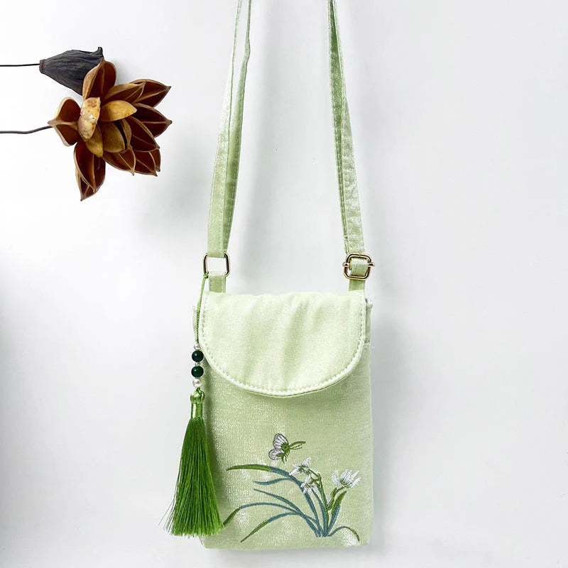 Buddha Stones Small Embroidered Flowers Crossbody Bag Shoulder Bag Double Layer Cellphone Bag