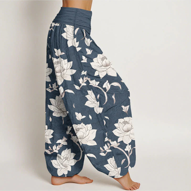 Buddha Stones Pure Cotton Beige Lotus Pattern Women's Elastic Waist Harem Pants