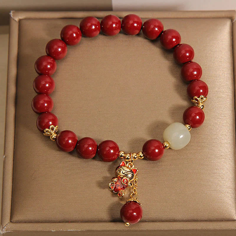 Buddha Stones Wishing You Good Fortune and Joy Cat Cinnabar Bracelet Includes Gift Message Card