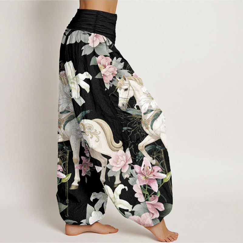 Buddha Stones Pure Cotton Romantic Horse Lily Peony Pattern Women's Elastic Waist Harem Pants