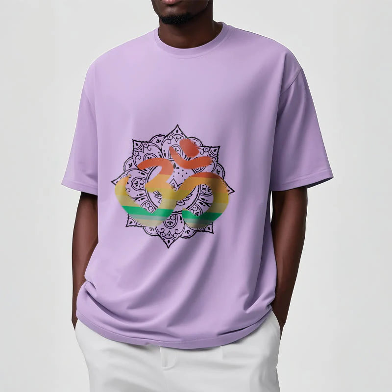 Buddha Stones Gradient-colored Om Sanskrit Mandala Background Pattern Cotton Tee T-shirt