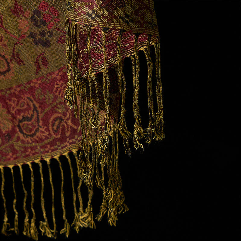 Buddha Stones Spring Dark Red Cashew Flower Floral Leaf Pattern Tassel Soft Scarf Shawl