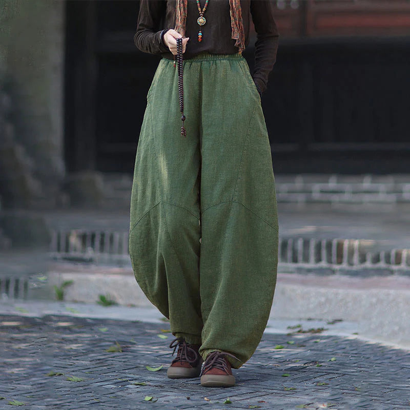 Buddha Stones Winter Elastic Waist Ramie Cotton Thermal Women's Pants With Pockets