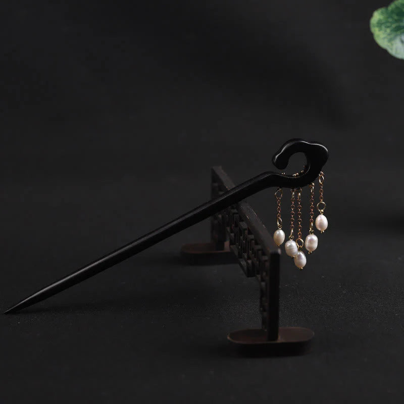 Buddha Stones Ebony Auspicious Cloud Pearl Tassel Protection Hairpin