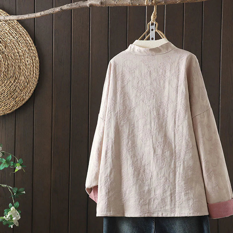 Buddha Stones Casual Women's Flower Pattern Long Sleeve Stand Collar Cotton Shirt