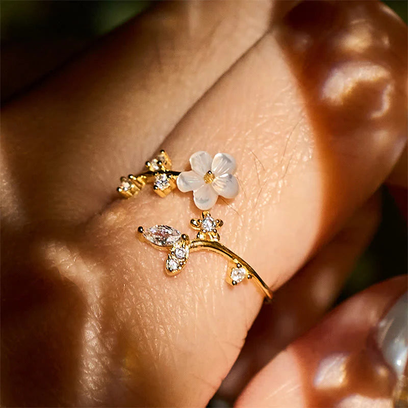 Buddha Stones 925 Sterling Silver White Flower Design Adjustable Blessing Ring