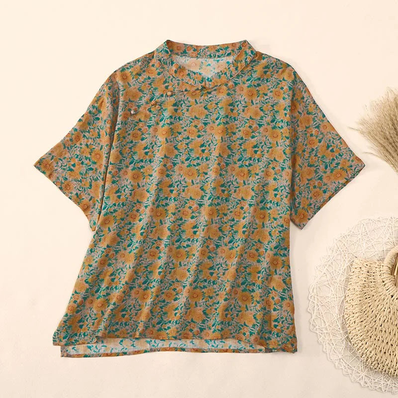 Buddha Stones Summer  Frog-Button Stand Collar Short Sleeve Flower Pattern Women's Cotton Shirt