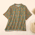 Buddha Stones Summer  Frog-Button Stand Collar Short Sleeve Flower Pattern Women's Cotton Shirt