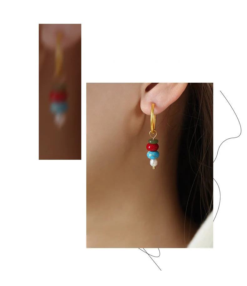 Buddha Stones Tibetan Marnyi Stone Design Natural Red Agate Pearl Confidence Titanium Steel Earrings