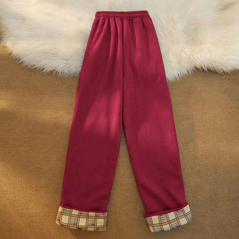 Buddha Stones Women's Patchwork Cotton Corduroy Fleece-Lined Wide Leg Pants With Pockets