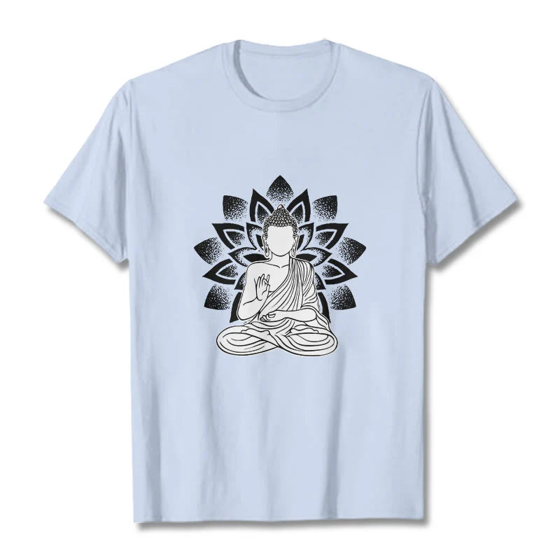 Buddha Stones Seated Buddha Lotus Flower Pattern Tee T-shirt