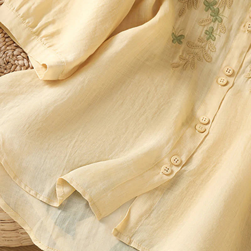 Buddha Stones Casual Plant Embroidery Stand Collar Women's Cotton Blend Three Quarter Sleeve Shirt