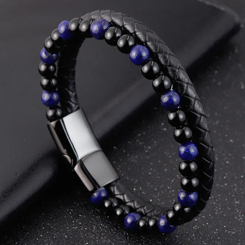 Buddha Stones Black Onyx Lazurite Lapis Lazuli Titanium Steel Positive Self Care Leather Bracelet