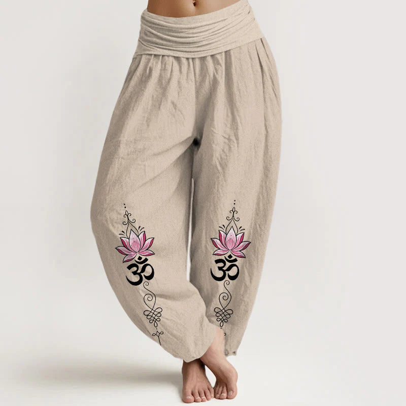 Buddha Stones Cotton OM Sanskrit Design Lotus Flower Pattern Women's Elastic Waist Harem Pants