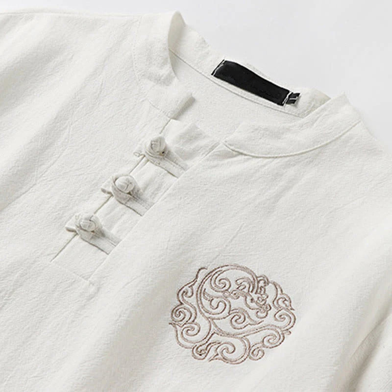Buddha Stones Summer Frog-Button Auspicious Clouds Embroidery Design Short Sleeve Cotton Linen Men's Shirt