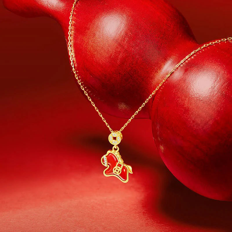 Buddha Stones Year Of The Horse Copper Coin 925 Sterling Silver Red Agate Blessing Necklace Pendants