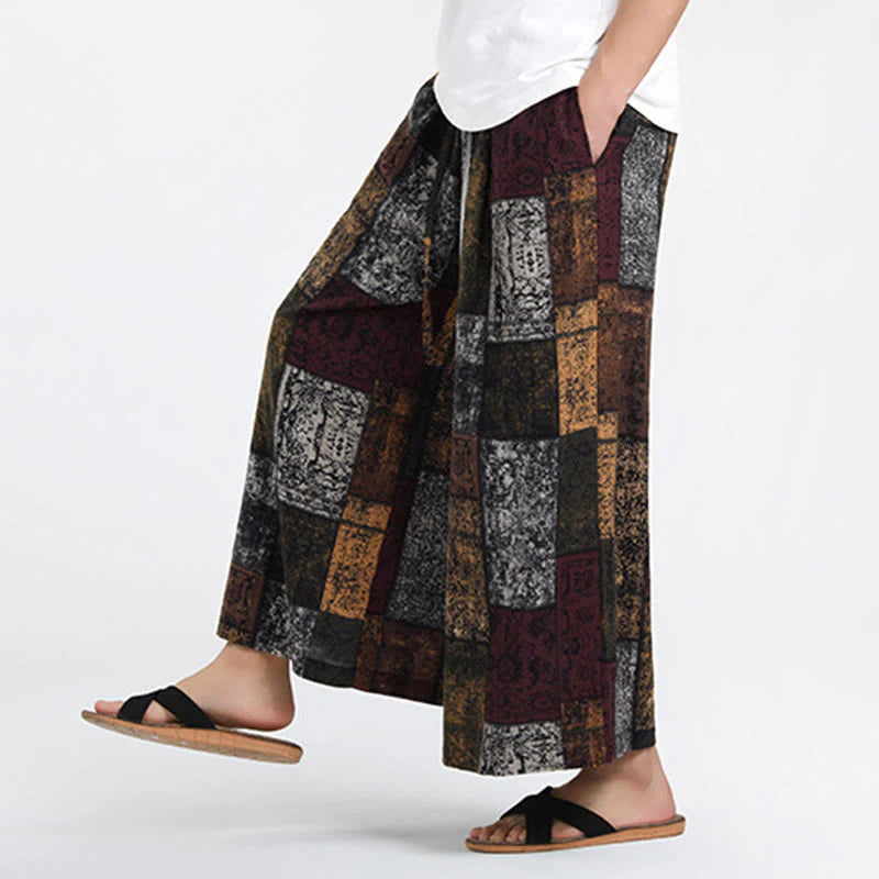 Buddha Stones Summer Patchwork Design 7-8 Length Men's Wide Leg Pants With Pockets
