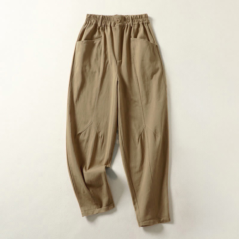 Buddha Stones Fall Simple Lines Button Zipper Design Ankle-Length Cotton Women's Harem Pants With Pockets