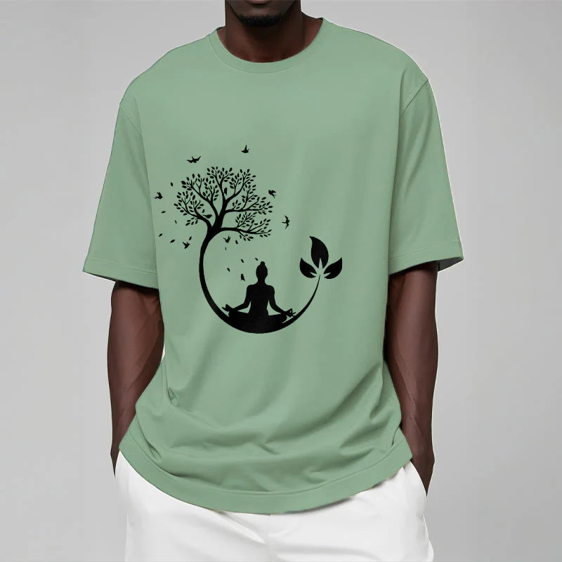 Buddha Stones Buddha Meditating In A Tree Pattern Cotton Tee T-shirt
