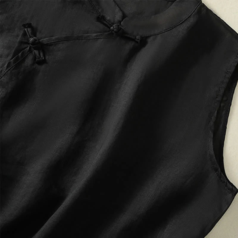 Buddha Stones Summer Retro Plain Frog-Button Stand Collar Women's Sleeveless Vest