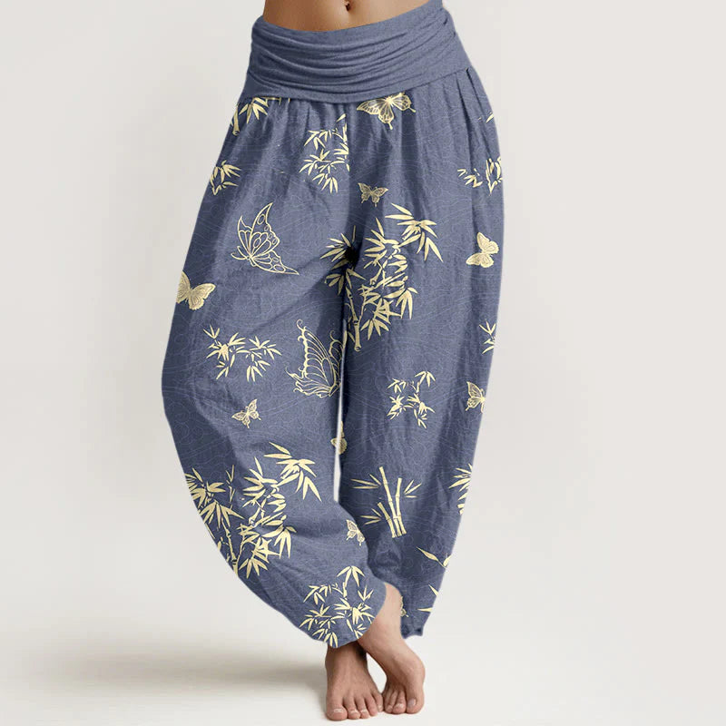 Buddha Stones Cotton Elegant Butterfly Bamboo Pattern Women's Elastic Waist Harem Pants
