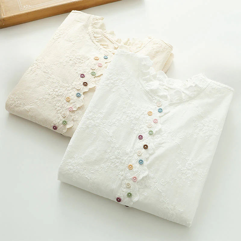 Buddha Stones Fall Ruffled Collar Embroidered Relief Flower Buttons Women's Cotton Long Sleeve Shirt
