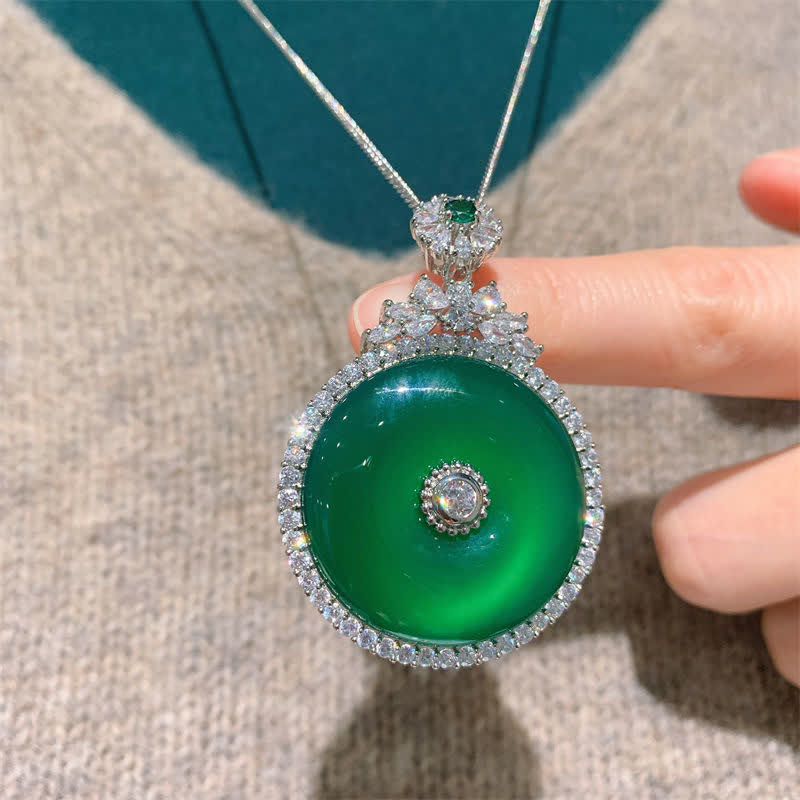 Buddha Stones Green Chalcedony Round Peace Buckle Strength Necklace Pendant