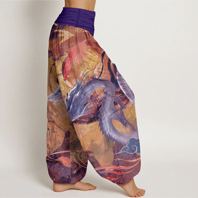 Buddha Stones Pure Cotton Dragon Auspicious Clouds Pattern Women's Elastic Waist Harem Pants