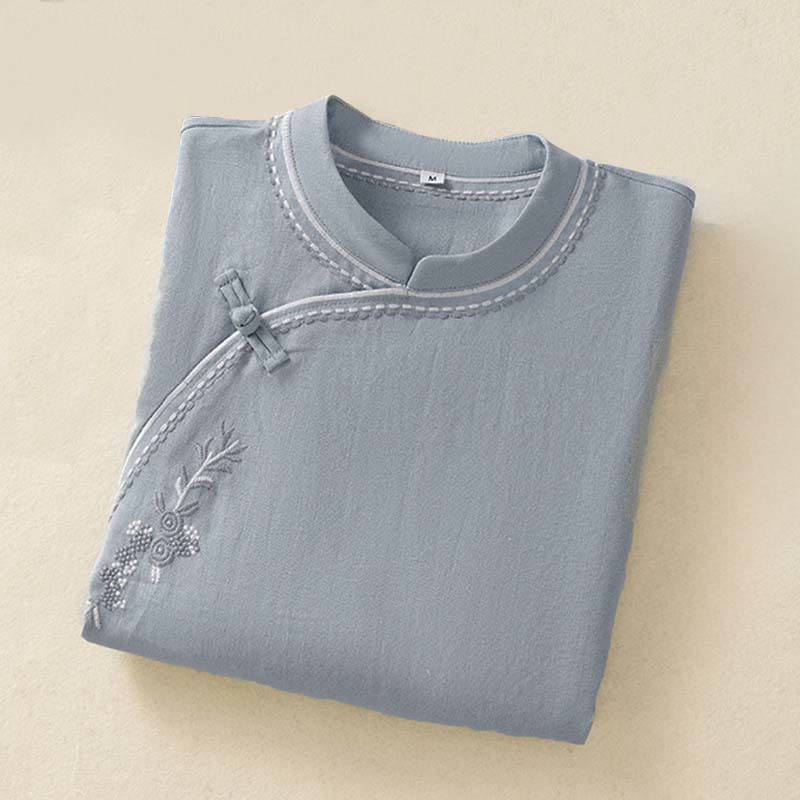 Buddha Stones Summer Stand Collar Short Sleeve Plain Women's  Frog-Button Cotton Shirt With Pocket