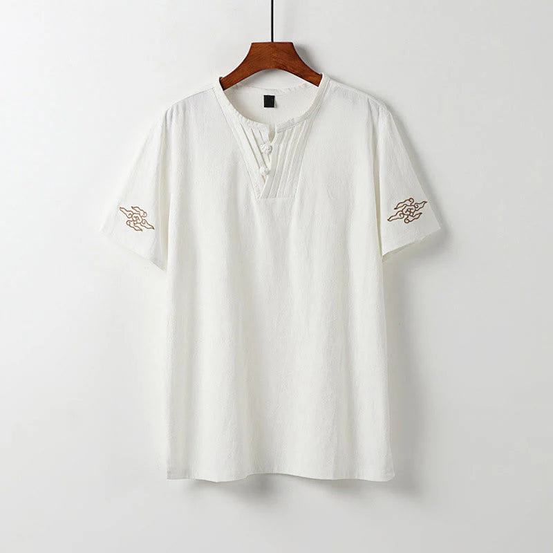 Buddha Stones Summer V-Neck Frog-Button Short Sleeve Clouds Embroidery Cotton Linen Men's Shirt