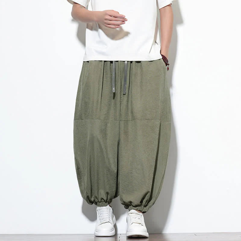 Buddha Stones Spring Solid Color Drawstring Cropped Men's Harem Cotton Pants With Pockets