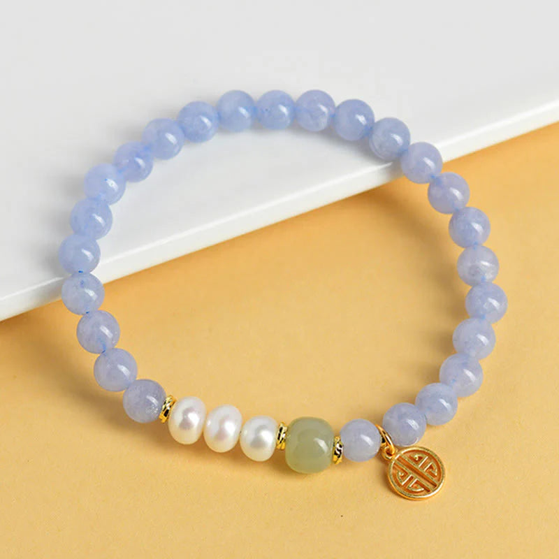 Buddha Stones Blue Chalcedony Pearl Beads Energy Bracelet