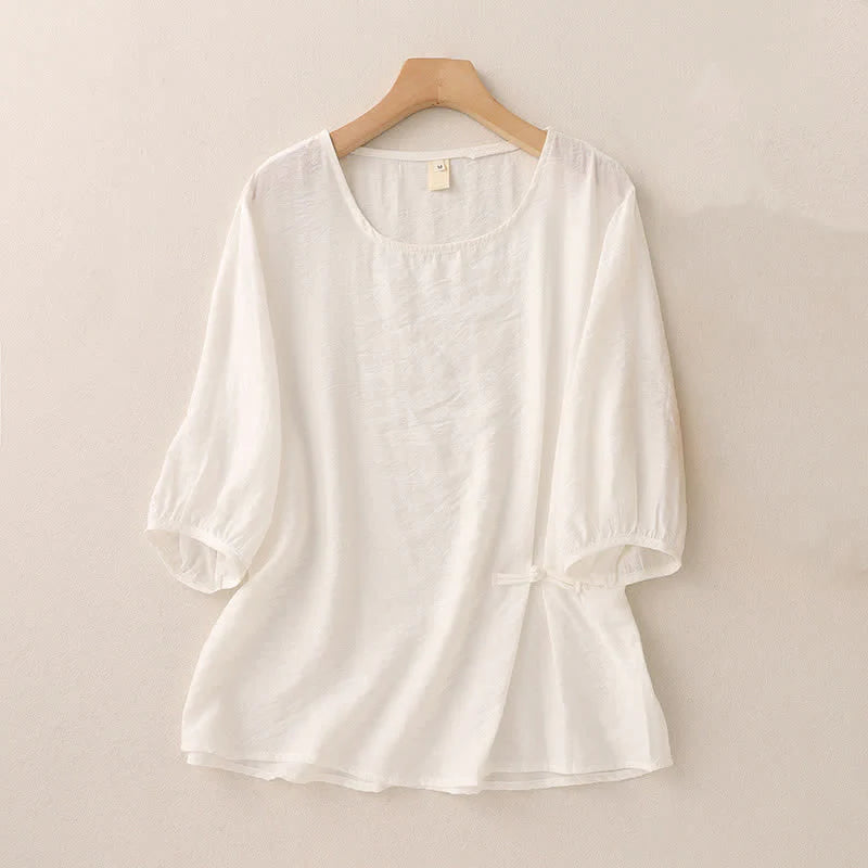 Buddha Stones Solid Color Frog-Button Design Puff Short Sleeve Women's T-Shirt