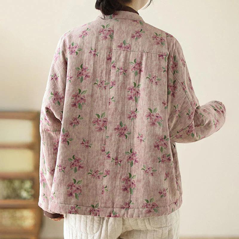 Buddha Stones Women's Long Sleeve Thermal Cotton Printed Florwer Pattern Jacket With Pockets