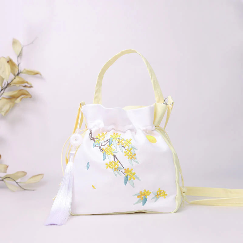 Buddha Stones Embroidered Osmanthus Peony Grape Cat Cotton Linen Tote Crossbody Bag Shoulder Bag Handbag