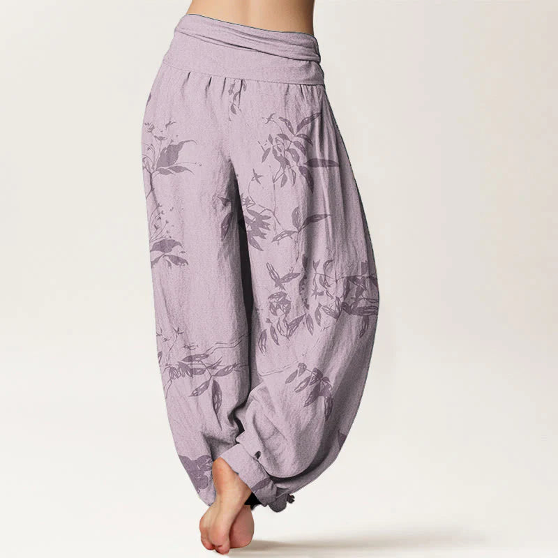 Buddha Stones Cotton Branch Pattern Women's Elastic Waist Harem Pants
